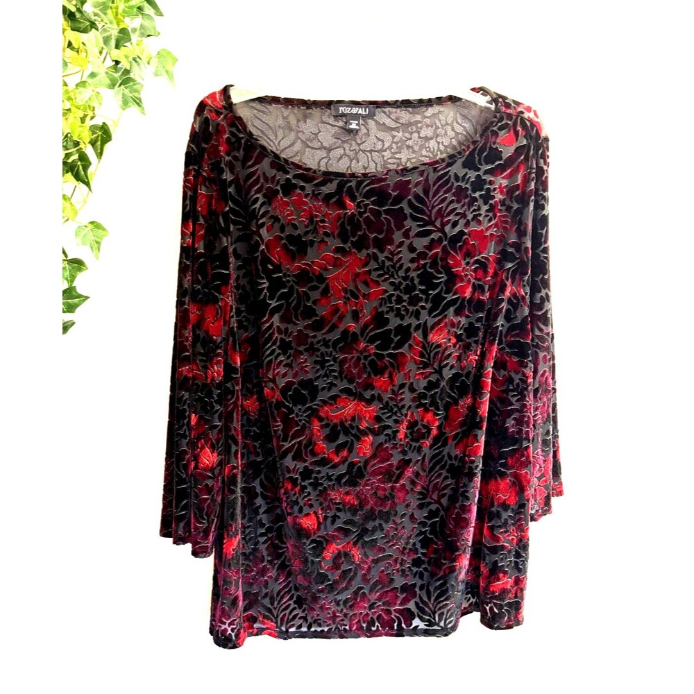Roz Ali Womens Plus Size 2X Blouse Velvet Burnout Florals Black Red Whimsigoth